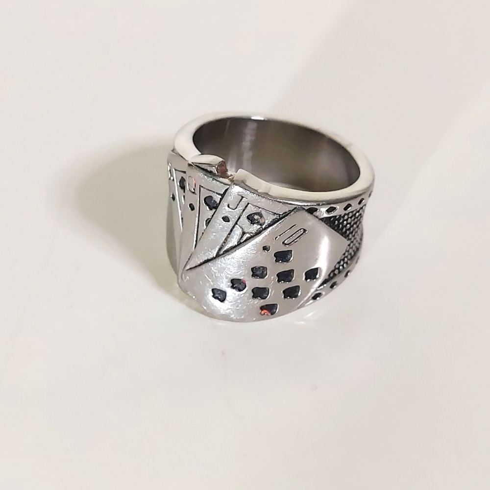 Royal Flush Stainless Steel Poker Card Silver Toned Statement Ring Men's Size 9